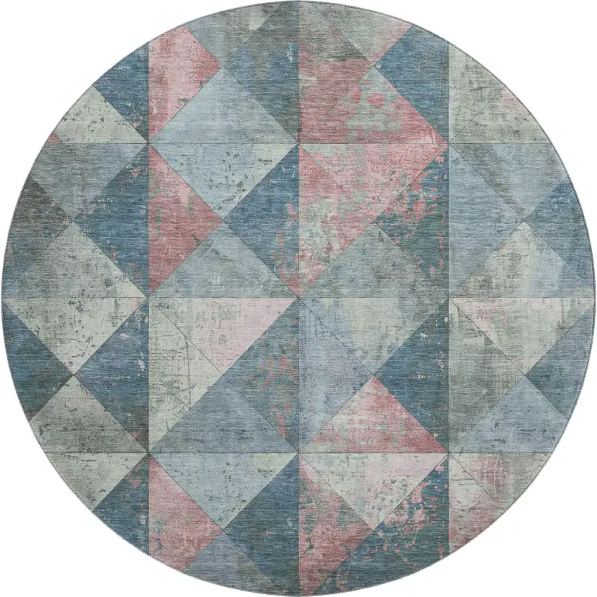 8' Denim Blue Blush And Ivory Geometric Washable Round Rug With UV Protection Photo 1