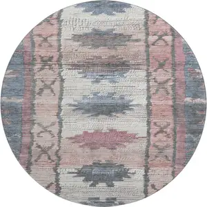 Photo of 8' Denim Blue Blush And Ivory Tribal Washable Round Rug With UV Protection
