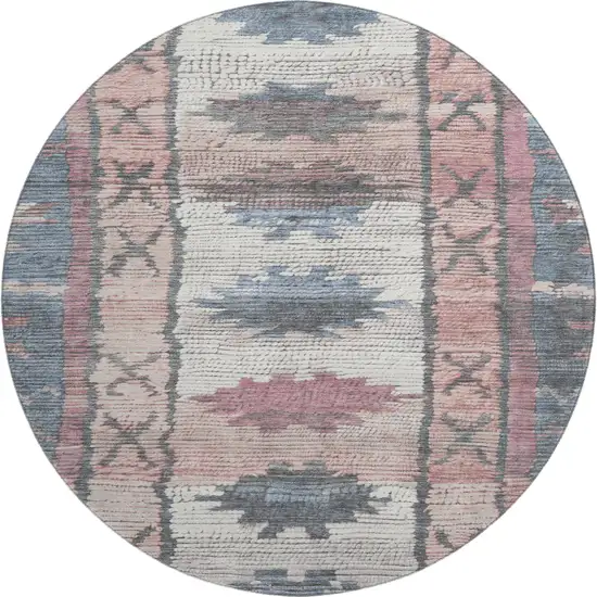 8' Denim Blue Blush And Ivory Tribal Washable Round Rug With UV Protection Photo 1