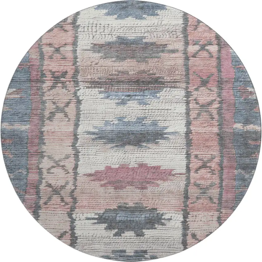 8' Denim Blue Blush And Ivory Tribal Washable Round Rug With UV Protection Photo 1