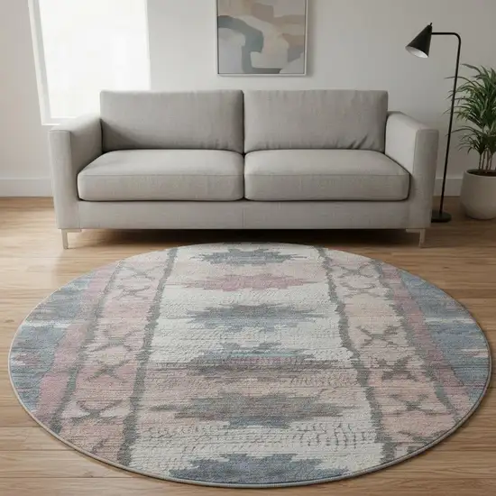 8' Denim Blue Blush And Ivory Tribal Washable Round Rug With UV Protection Photo 2