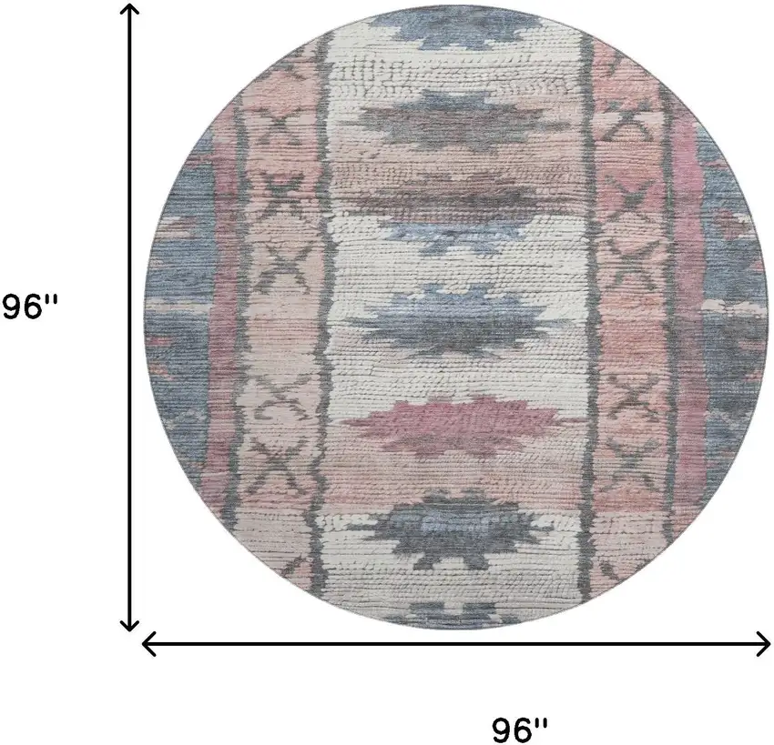 8' Denim Blue Blush And Ivory Tribal Washable Round Rug With UV Protection Photo 9