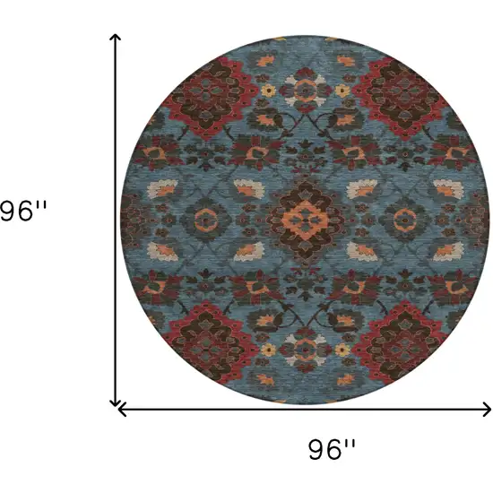 8' Denim Blue Brick Red And Brown Round Oriental Washable Indoor Outdoor Area Rug Photo 3