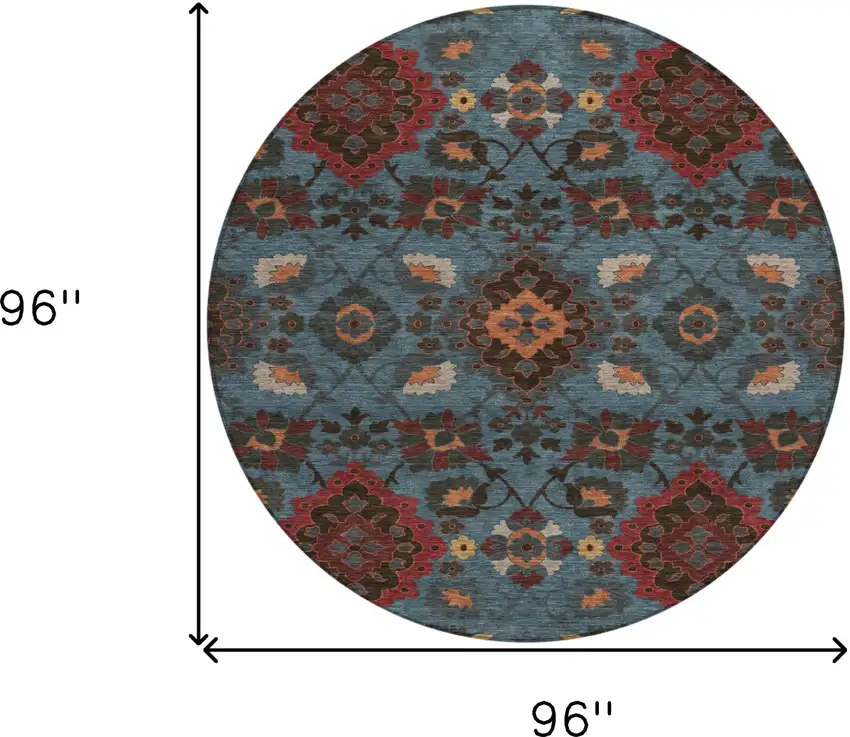 8' Denim Blue Brick Red And Brown Round Oriental Washable Indoor Outdoor Area Rug Photo 3