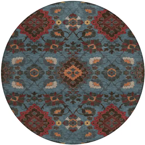 8' Denim Blue Brick Red And Brown Round Oriental Washable Indoor Outdoor Area Rug Photo 2