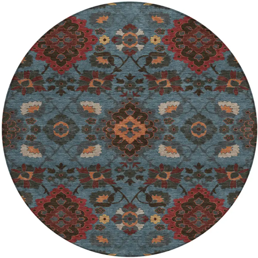 8' Denim Blue Brick Red And Brown Round Oriental Washable Indoor Outdoor Area Rug Photo 2