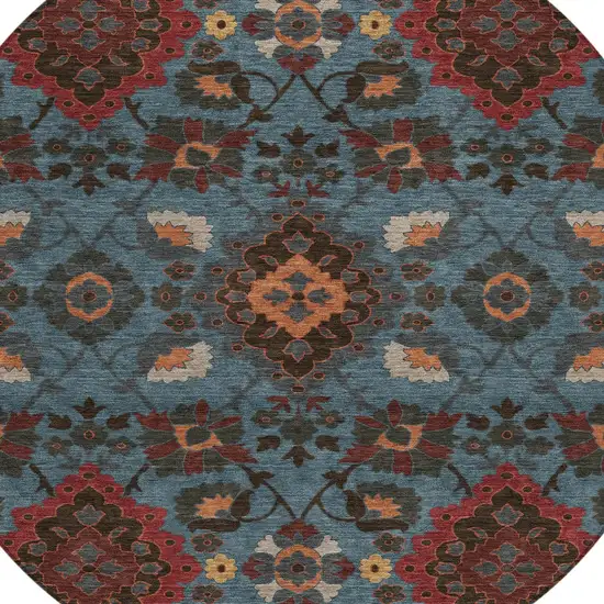 8' Denim Blue Brick Red And Brown Round Oriental Washable Indoor Outdoor Area Rug Photo 5