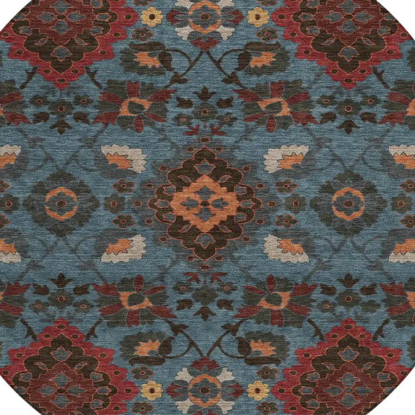 8' Denim Blue Brick Red And Brown Round Oriental Washable Indoor Outdoor Area Rug Photo 5