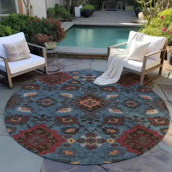 8' Denim Blue Brick Red And Brown Round Oriental Washable Indoor Outdoor Area Rug Photo 7