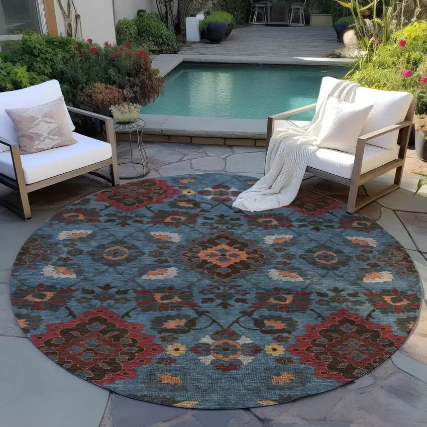 8' Denim Blue Brick Red And Brown Round Oriental Washable Indoor Outdoor Area Rug Photo 7