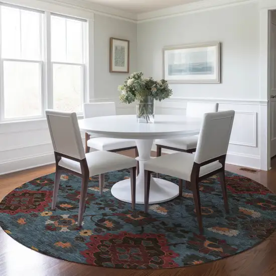 8' Denim Blue Brick Red And Brown Round Oriental Washable Indoor Outdoor Area Rug Photo 8
