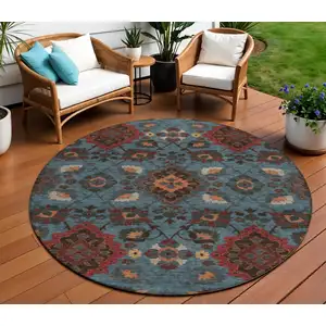 Photo of 8' Denim Blue Brick Red And Brown Round Oriental Washable Indoor Outdoor Area Rug