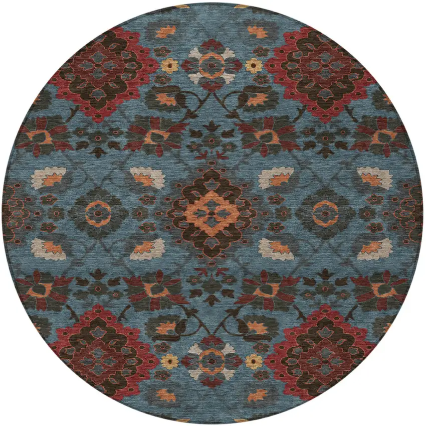 8' Denim Blue Brick Red And Brown Round Oriental Washable Indoor Outdoor Area Rug Photo 6