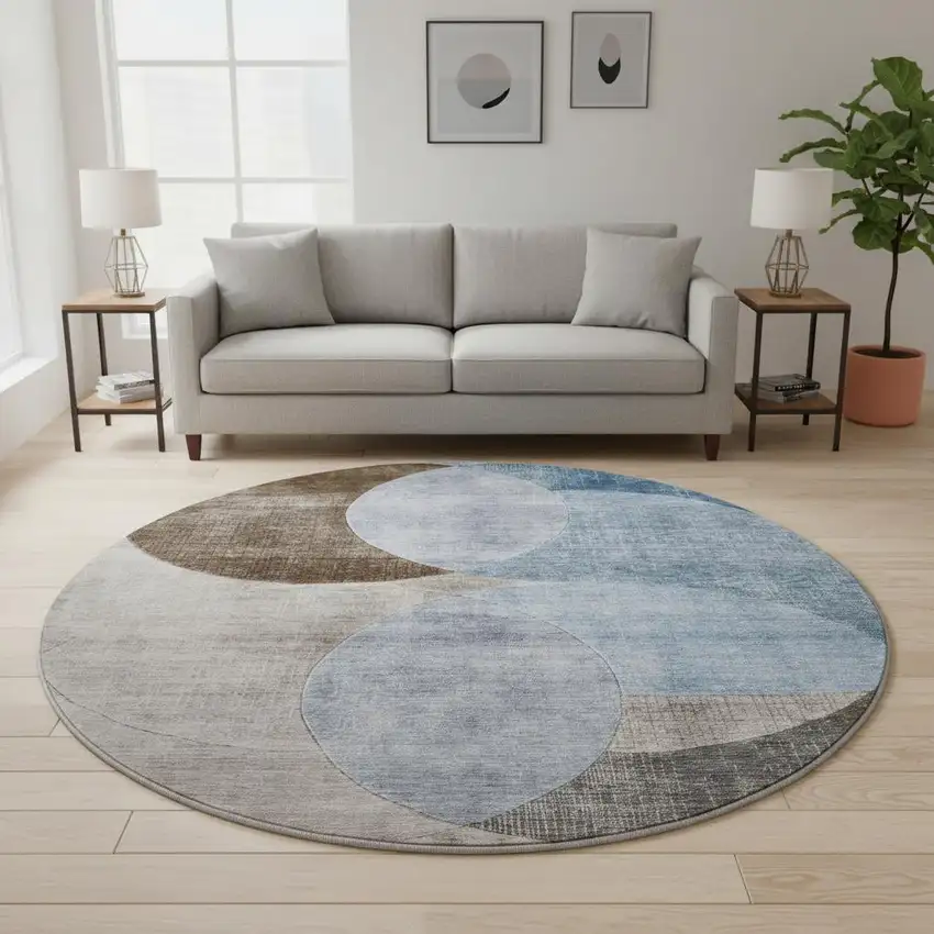 8' Denim Blue Brown And Beige Geometric Washable Round Rug With UV Protection Photo 2
