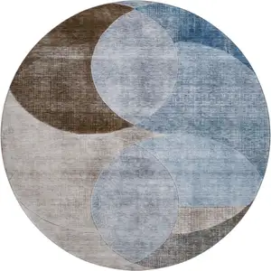 Photo of 8' Denim Blue Brown And Beige Geometric Washable Round Rug With UV Protection