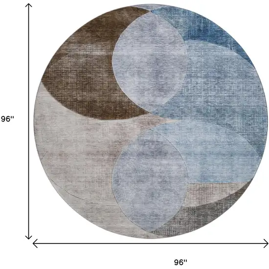 8' Denim Blue Brown And Beige Geometric Washable Round Rug With UV Protection Photo 9