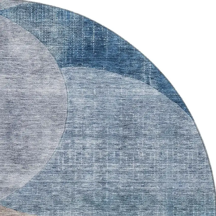 8' Denim Blue Brown And Beige Geometric Washable Round Rug With UV Protection Photo 3