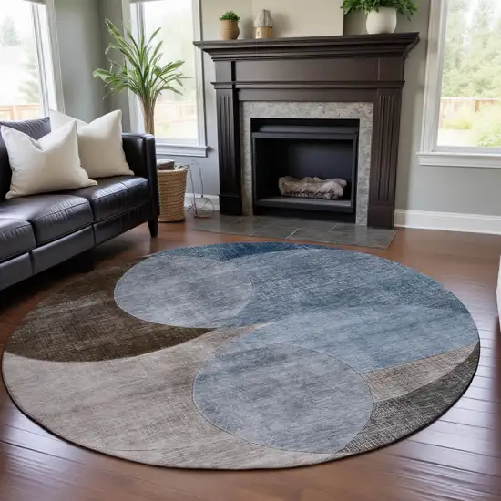 8' Denim Blue Brown And Beige Geometric Washable Round Rug With UV Protection Photo 4