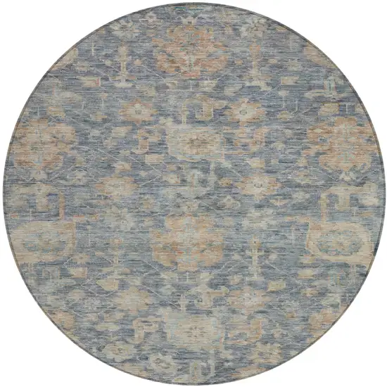 8' Denim Blue Brown And Beige Round Damask Washable Indoor Outdoor Area Rug Photo 2