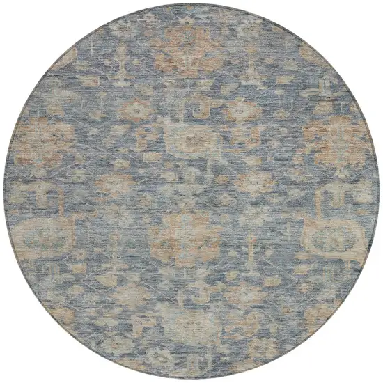 8' Denim Blue Brown And Beige Round Damask Washable Indoor Outdoor Area Rug Photo 3