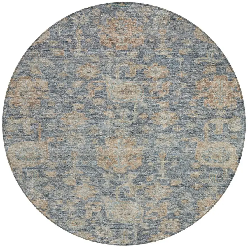 8' Denim Blue Brown And Beige Round Damask Washable Indoor Outdoor Area Rug Photo 3