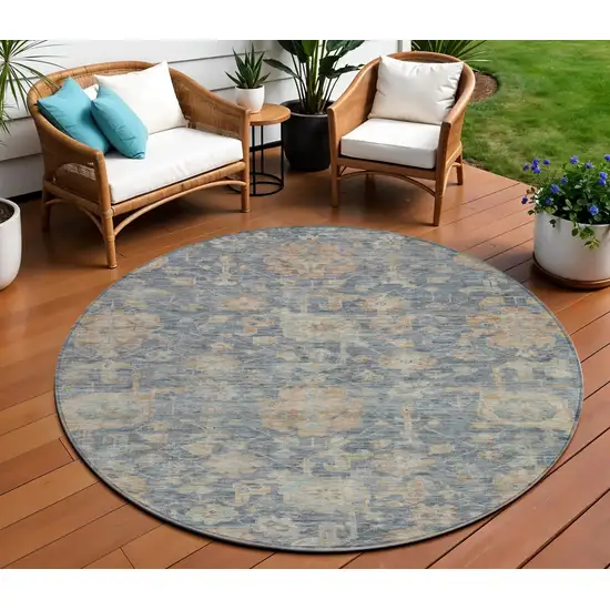 8' Denim Blue Brown And Beige Round Damask Washable Indoor Outdoor Area Rug Photo 1