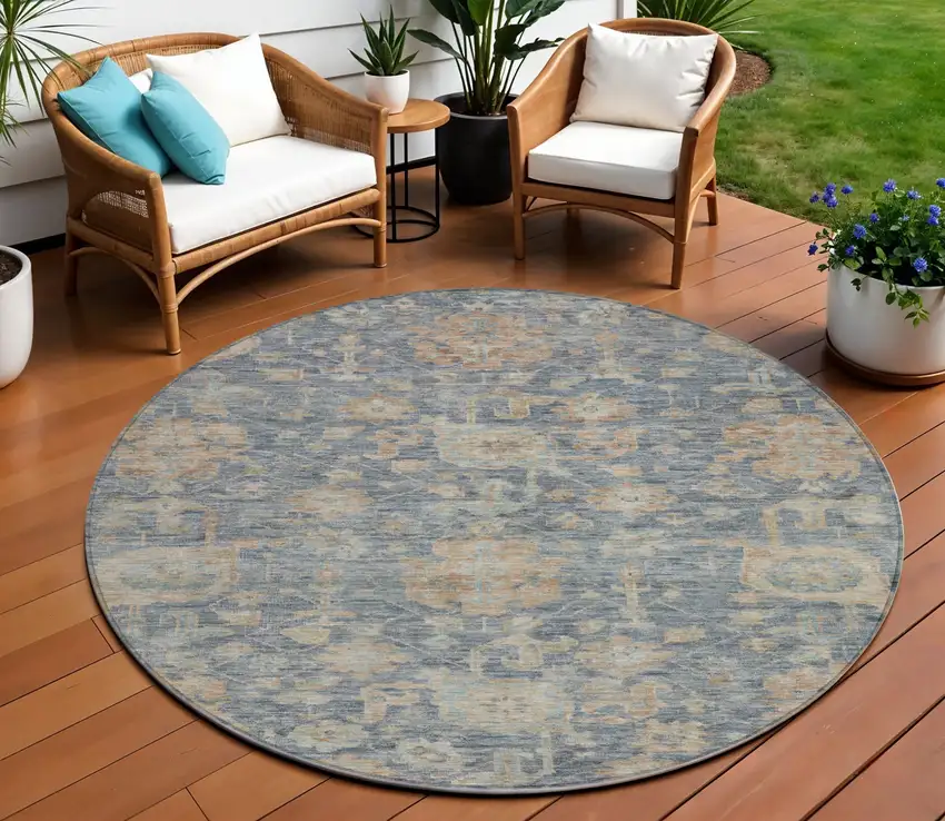 8' Denim Blue Brown And Beige Round Damask Washable Indoor Outdoor Area Rug Photo 1