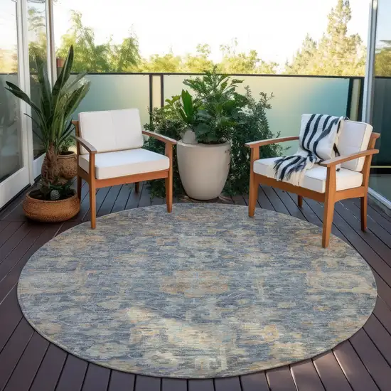 8' Denim Blue Brown And Beige Round Damask Washable Indoor Outdoor Area Rug Photo 7
