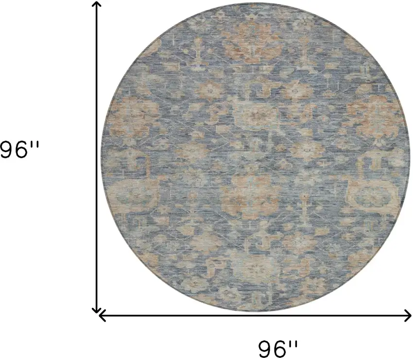 8' Denim Blue Brown And Beige Round Damask Washable Indoor Outdoor Area Rug Photo 9
