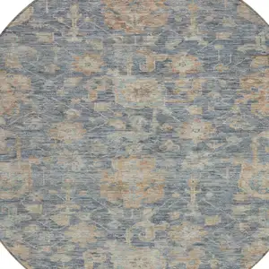 Photo of 8' Denim Blue Brown And Beige Round Damask Washable Indoor Outdoor Area Rug