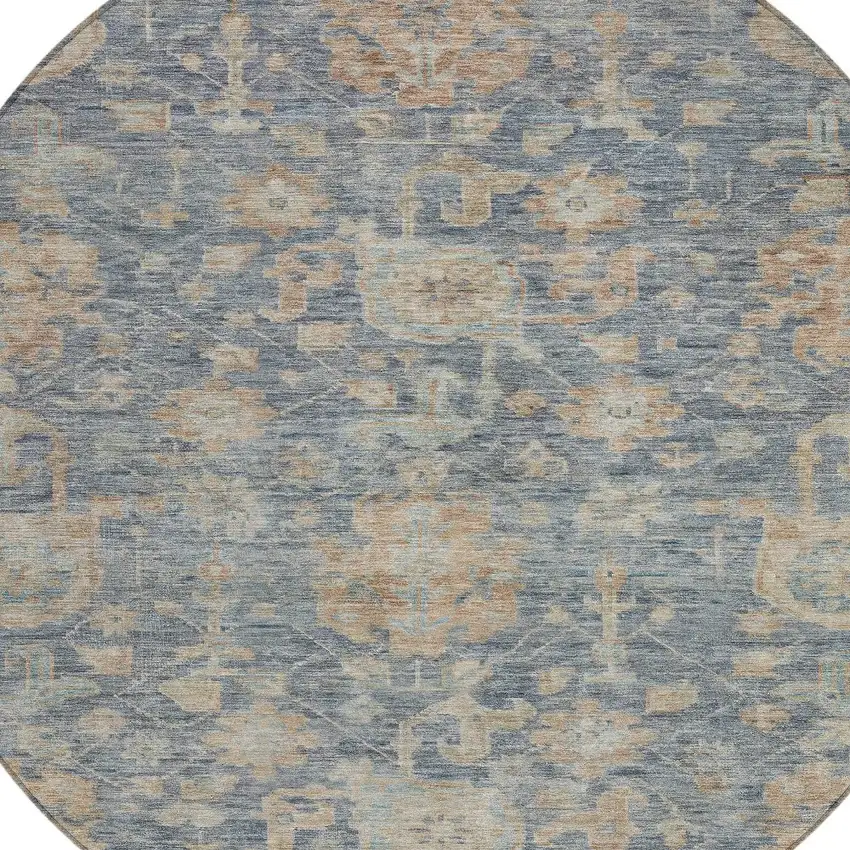 8' Denim Blue Brown And Beige Round Damask Washable Indoor Outdoor Area Rug Photo 6
