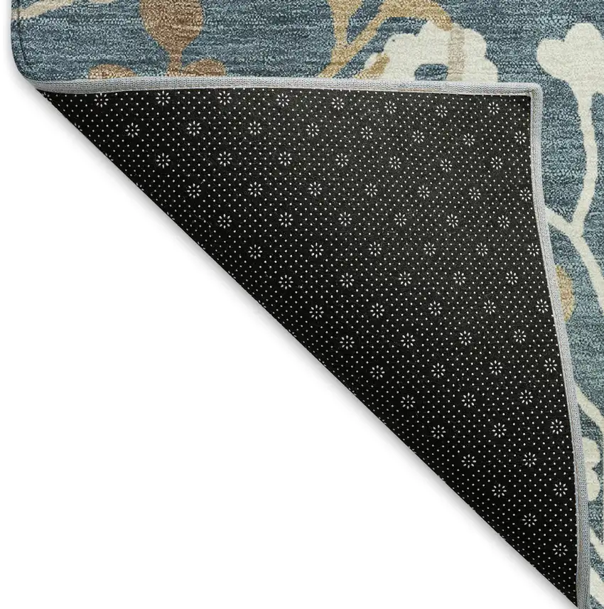 8' Denim Blue Brown And Beige Round Floral Washable Indoor Outdoor Area Rug Photo 5