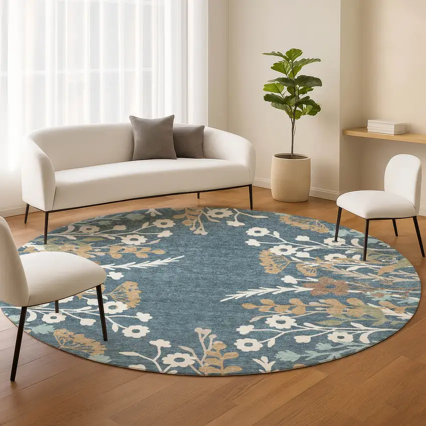 8' Denim Blue Brown And Beige Round Floral Washable Indoor Outdoor Area Rug Photo 9