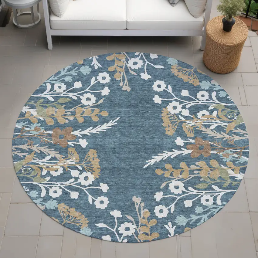 8' Denim Blue Brown And Beige Round Floral Washable Indoor Outdoor Area Rug Photo 8