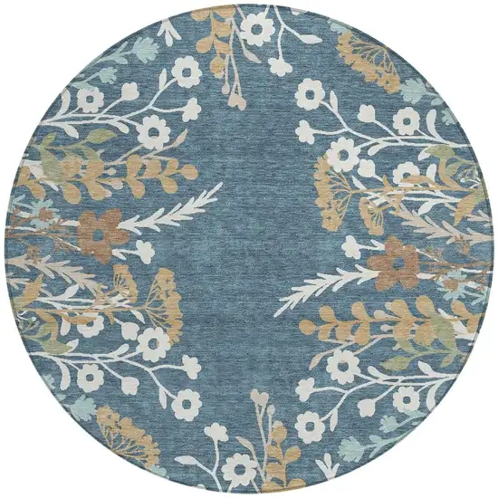 8' Denim Blue Brown And Beige Round Floral Washable Indoor Outdoor Area Rug Photo 4