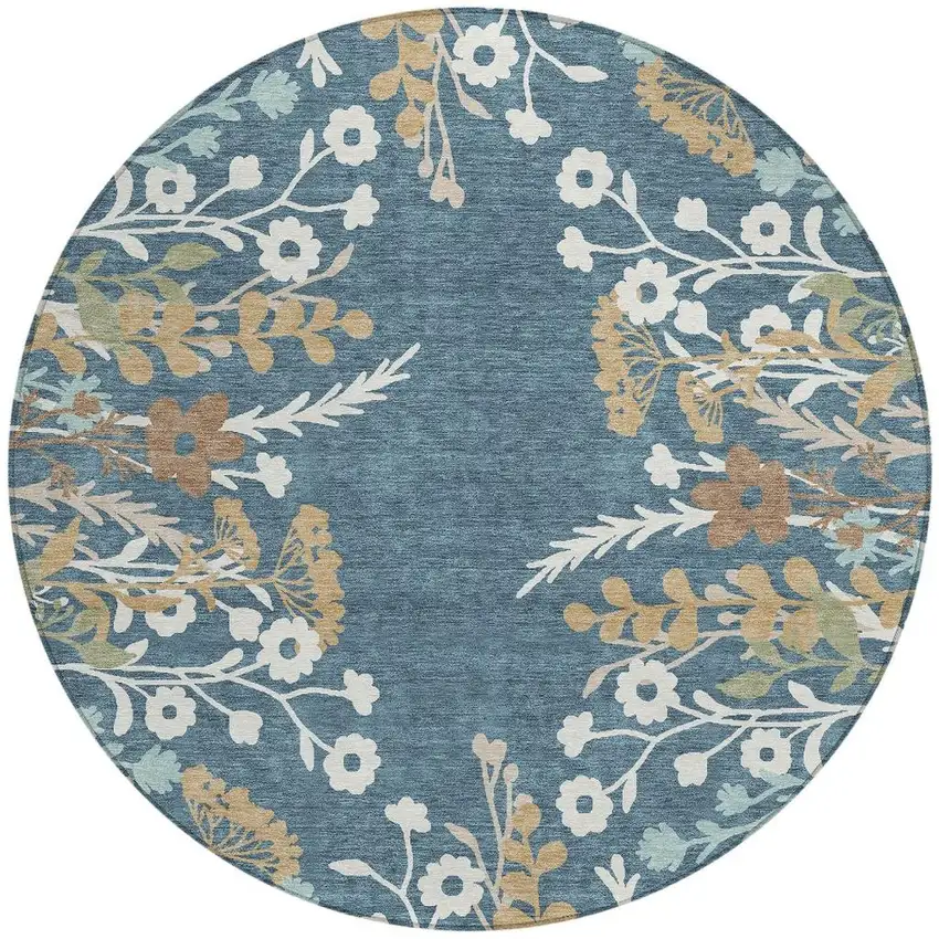 8' Denim Blue Brown And Beige Round Floral Washable Indoor Outdoor Area Rug Photo 4