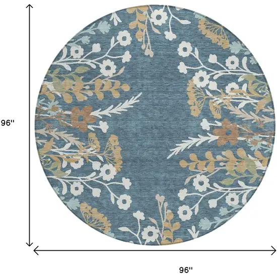 8' Denim Blue Brown And Beige Round Floral Washable Indoor Outdoor Area Rug Photo 3