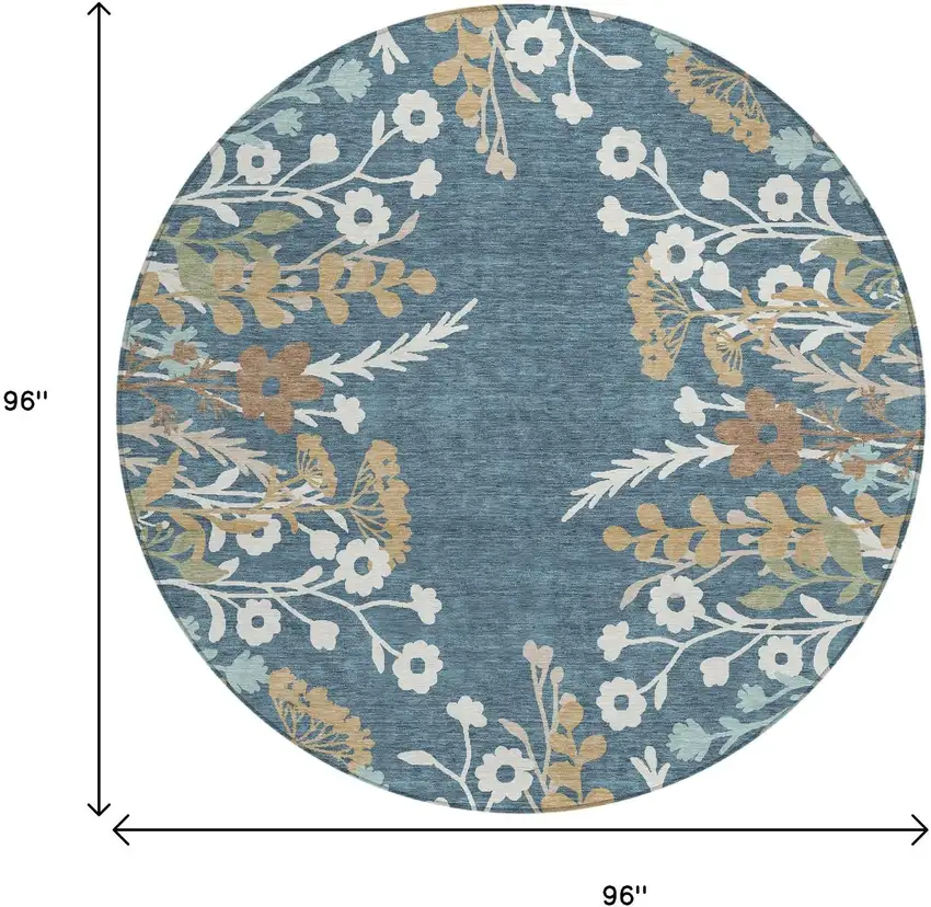 8' Denim Blue Brown And Beige Round Floral Washable Indoor Outdoor Area Rug Photo 3