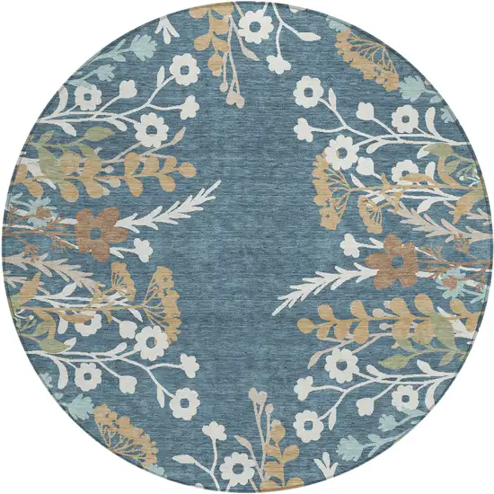 8' Denim Blue Brown And Beige Round Floral Washable Indoor Outdoor Area Rug Photo 2