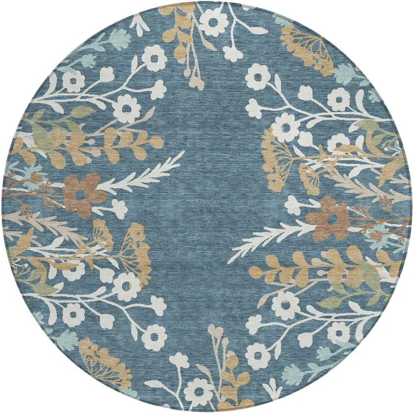 8' Denim Blue Brown And Beige Round Floral Washable Indoor Outdoor Area Rug Photo 2