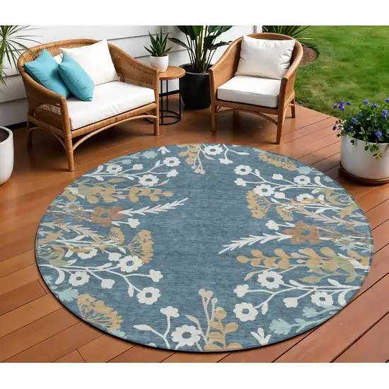 8' Denim Blue Brown And Beige Round Floral Washable Indoor Outdoor Area Rug Photo 1