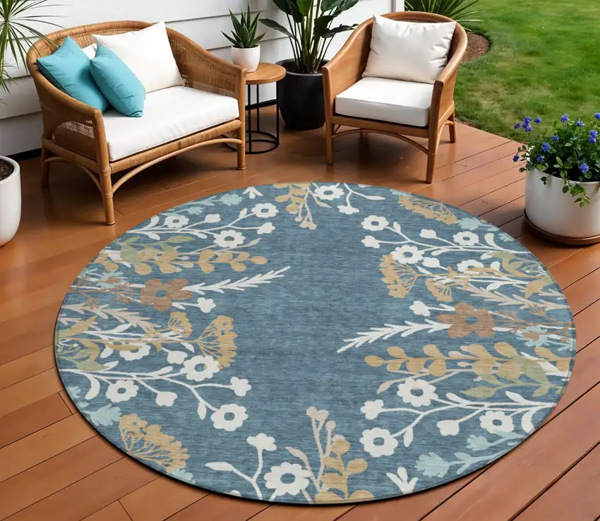 8' Denim Blue Brown And Beige Round Floral Washable Indoor Outdoor Area Rug Photo 1
