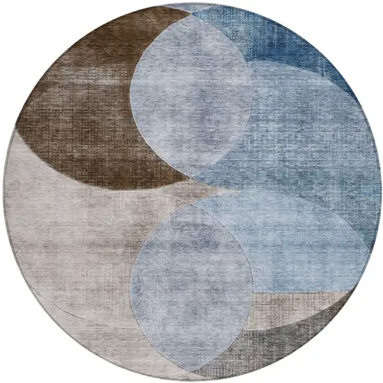 8' Denim Blue Brown And Beige Round Geometric Washable Indoor Outdoor Area Rug Photo 2