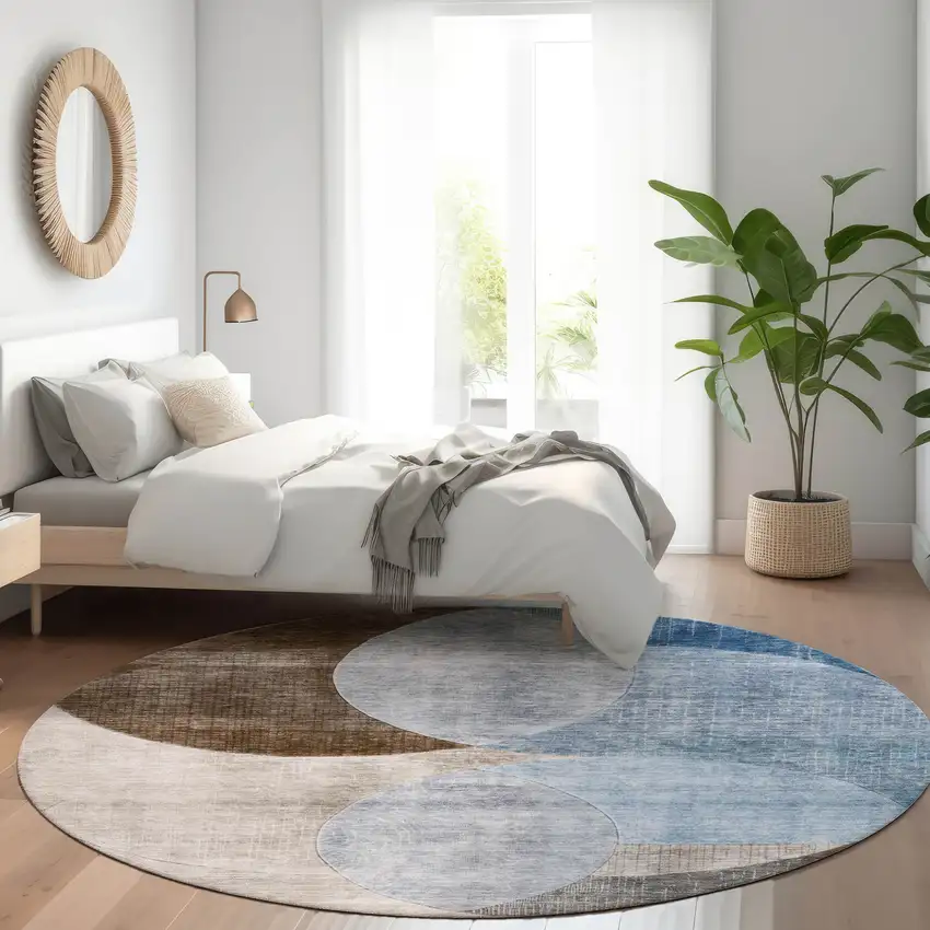 8' Denim Blue Brown And Beige Round Geometric Washable Indoor Outdoor Area Rug Photo 8
