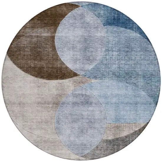 8' Denim Blue Brown And Beige Round Geometric Washable Indoor Outdoor Area Rug Photo 6