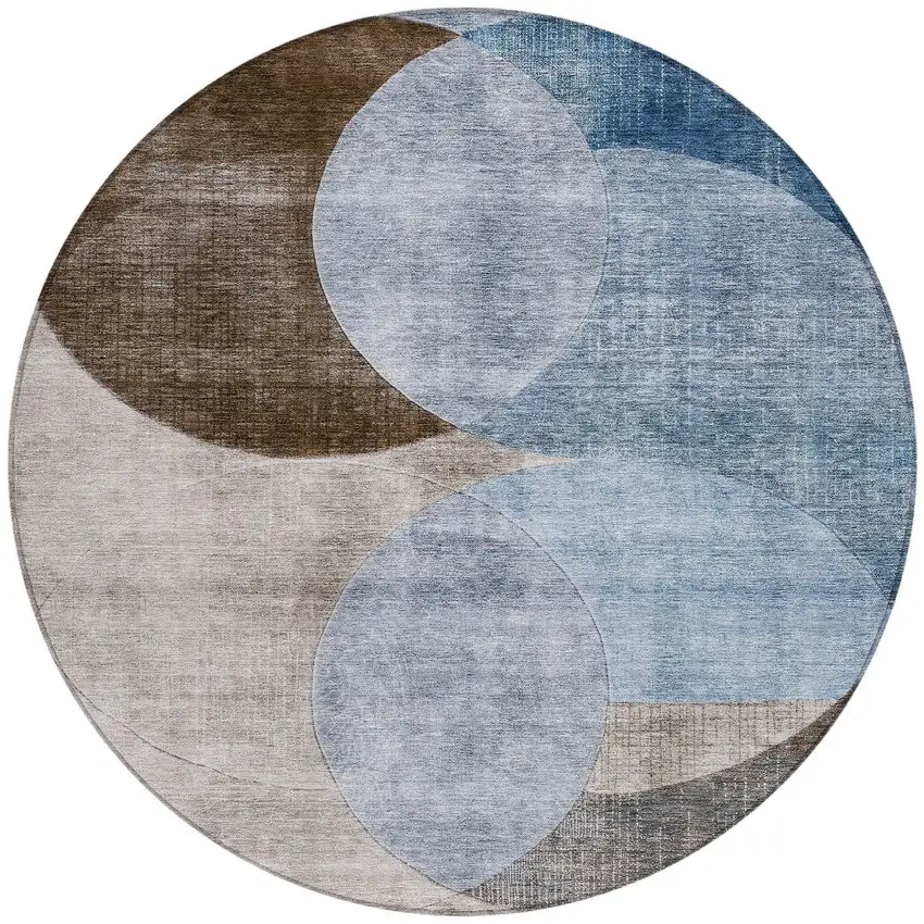 8' Denim Blue Brown And Beige Round Geometric Washable Indoor Outdoor Area Rug Photo 6