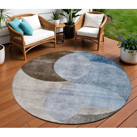 8' Denim Blue Brown And Beige Round Geometric Washable Indoor Outdoor Area Rug Photo 1