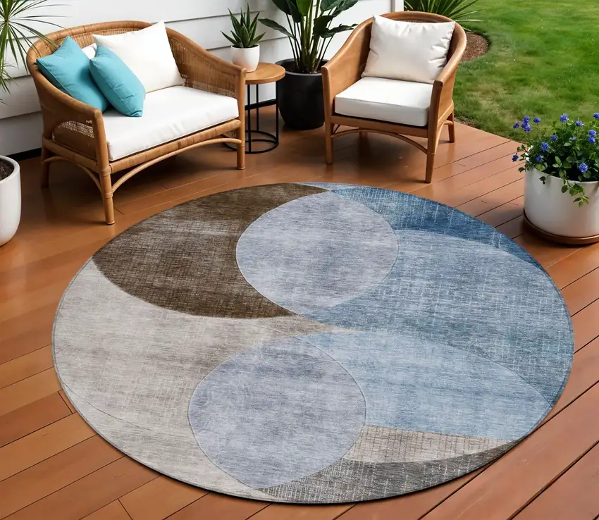 8' Denim Blue Brown And Beige Round Geometric Washable Indoor Outdoor Area Rug Photo 1