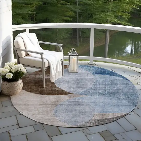 8' Denim Blue Brown And Beige Round Geometric Washable Indoor Outdoor Area Rug Photo 7