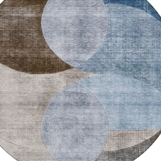 8' Denim Blue Brown And Beige Round Geometric Washable Indoor Outdoor Area Rug Photo 5